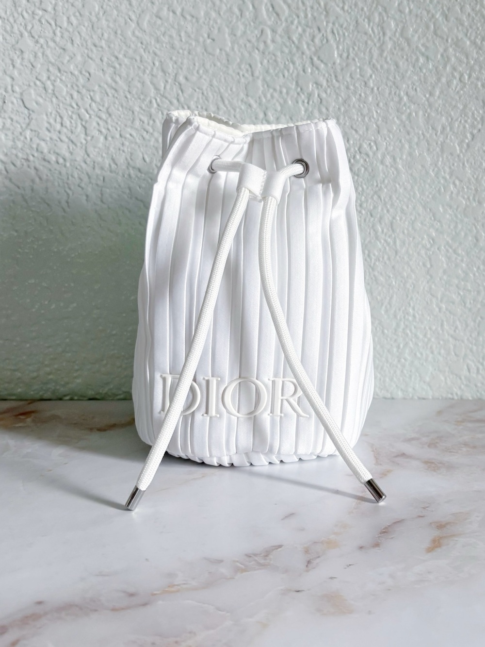 Dior White Pleated Drawstring Cosmetic Pouch